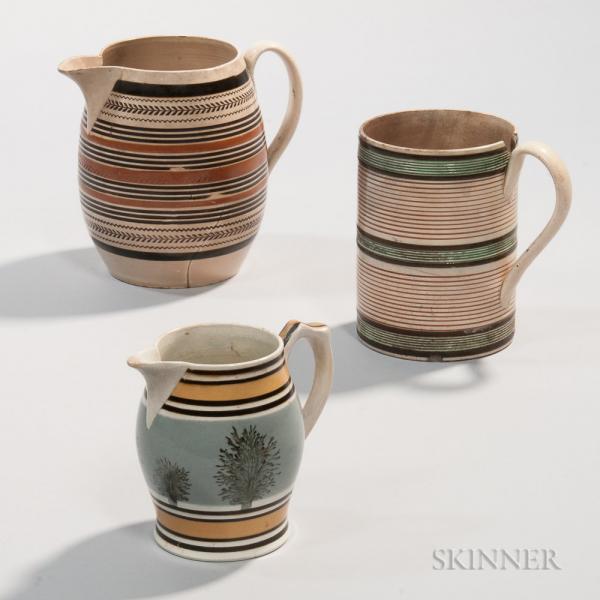 Creamware Barrel-shaped Jug, Quart Mug, and Pearlware Cream Jug