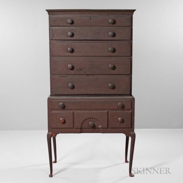 Red-painted Fan-carved Maple High Chest of Drawers