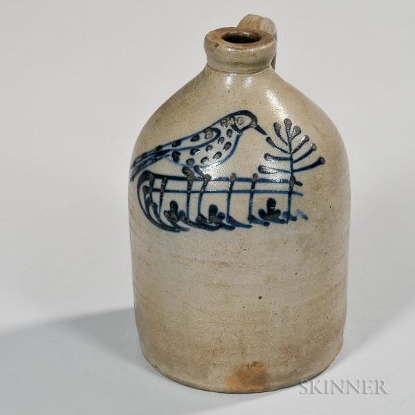 Stoneware Jug with Cobalt Bird on a Fence Decoration