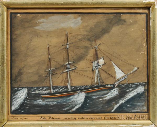 Captain N.S. Osgood (Newburyport, Massachusetts, 1825) Ship Patomac scudding uder a close reefd Fore Topsail