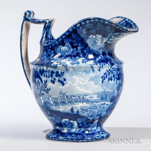 Staffordshire Historical Blue Transfer-decorated "Views of the Erie Canal" Pitcher