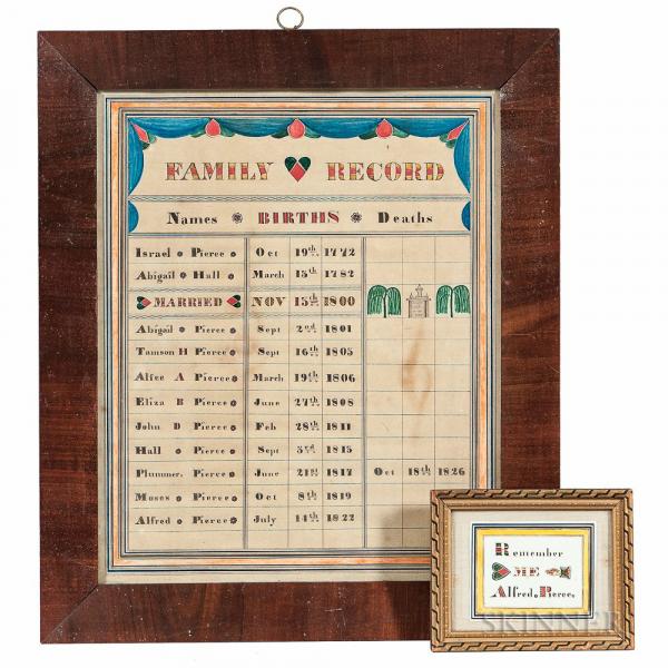 Watercolor and Ink Pierce Family Record and Small Heart-in-Hand Remembrance
