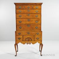 Carved Maple and Tiger Maple High Chest of Drawers