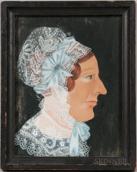 American School, Early 19th Century Portrait of a Woman in a Lace Bonnet with Powder Blue Ribbons