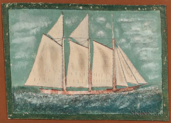 Rare Maritimes Painted Canvas Rug Picturing a Sailing Vessel