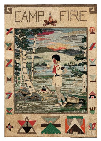 "Camp Fire" Pictorial Hooked Rug