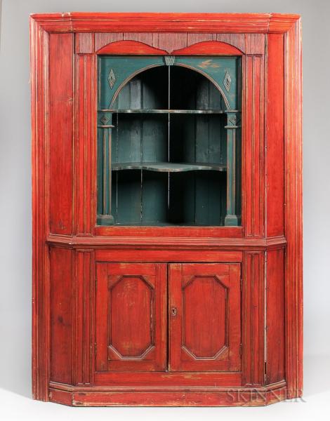 Painted and Carved Barrel-back Corner Cupboard
