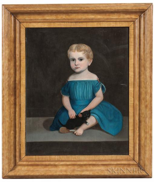 American School, 19th Century Portrait of a Child with a Black Kitten