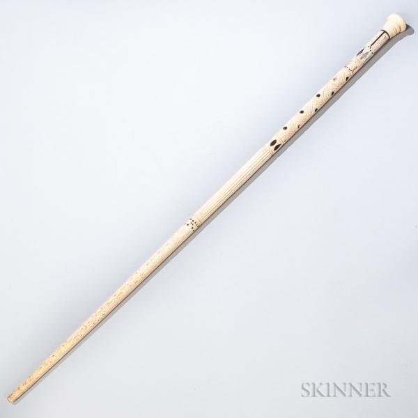 Carved Whalebone and Whale Ivory Cane