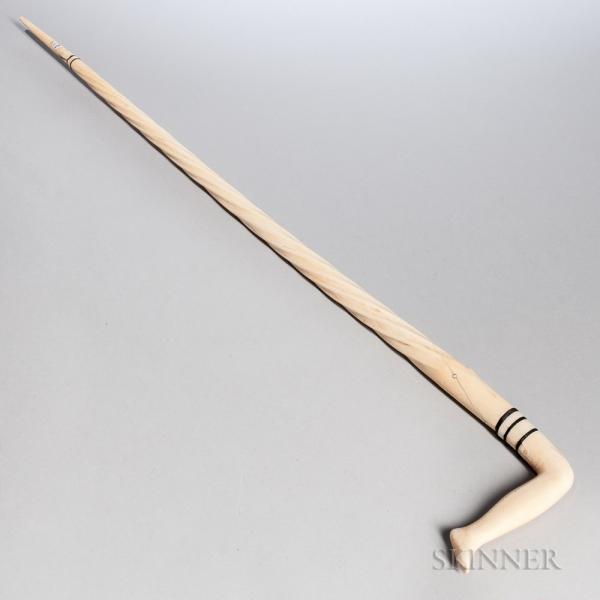 Carved Whale Ivory and Narwhal Tusk Woman's Leg Cane