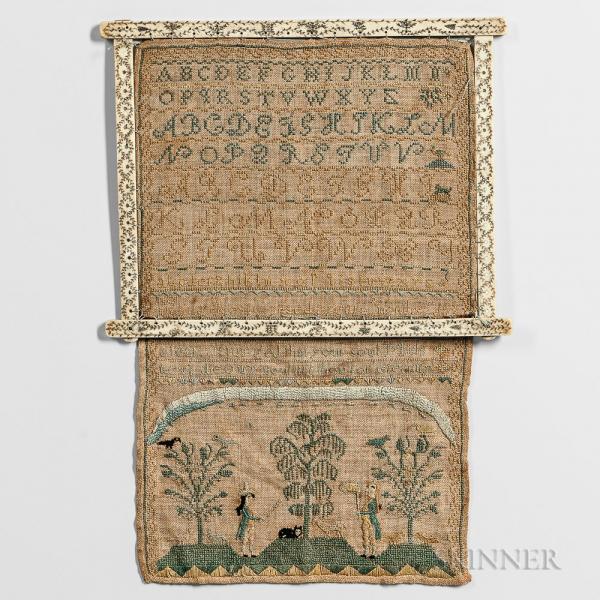 Scrimshaw Whalebone Stitching Frame with Needlework Sampler