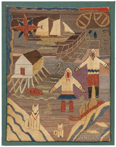 Figures, Dogs, and Harbor Scene Hooked Mat