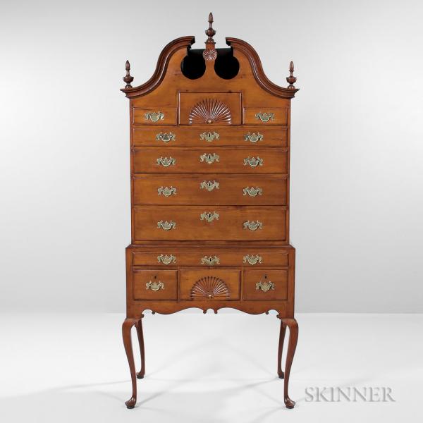 Carved Cherry Scroll-top High Chest of Drawers