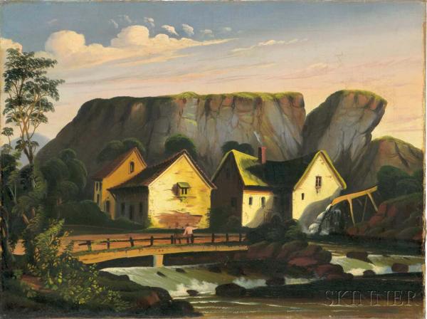 Thomas Chambers (New York/England, 1808-1869) Riverside Buildings Below a Cliff