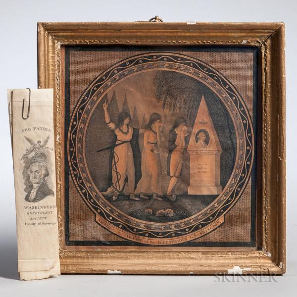 Framed George Washington Memorial and Five Washington Benevolent Society Parchment Ribbons