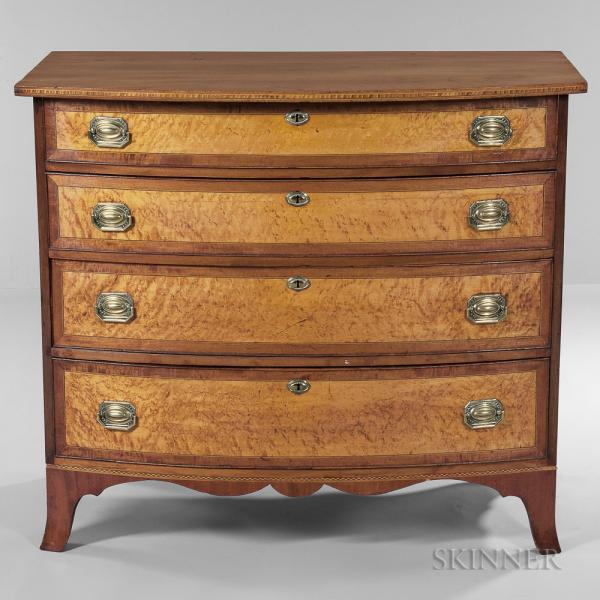 Mahogany and Bird's-eye Maple Veneer Inlaid Bow-front Chest of Drawers
