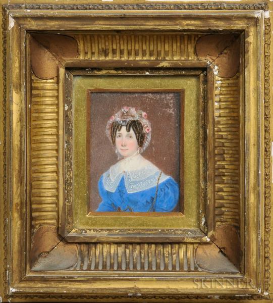 Anglo-American School, Early 19th Century Miniature Portrait of a Woman in a Blue Dress