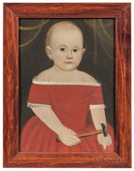 Prior/Hamblen School, Mid-19th Century Portrait of a Child in a Red Dress Holding a Hammer
