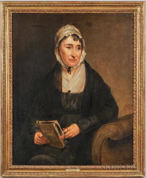 American School, 19th century Portrait of a Woman on a Settee Holding a Book and Eyeglasses