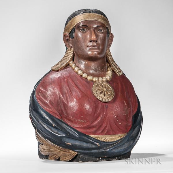 Carved and Painted Wooden Indian Maiden Bust