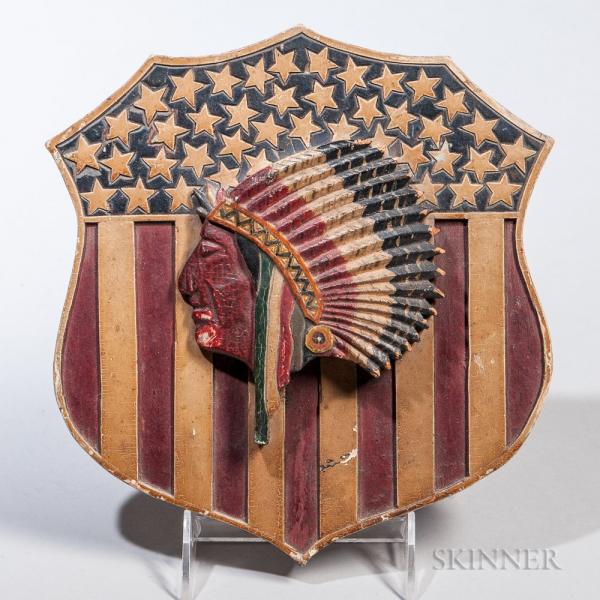Carved and Painted Shield with Carved Indian Head