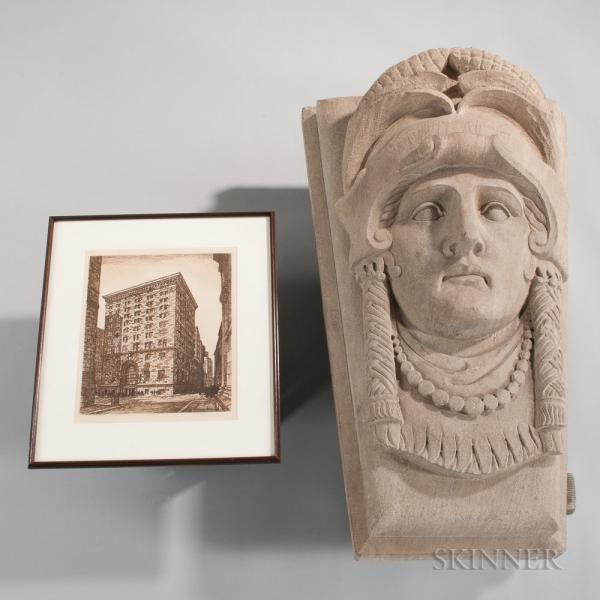Large Carved Sandstone Keystone with Framed Engraving of Building